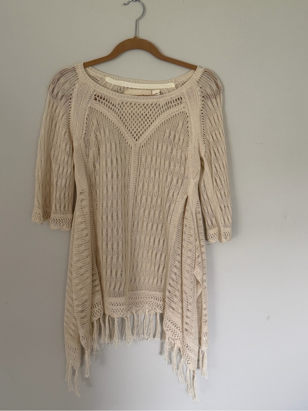 American Eagle Cream Open Knit Fringe Boho Tunic Top M